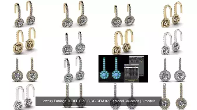 Jewelry Earrings THREE SIZE BIGG GEM 02 3D Model Collection 