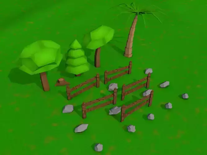 Game ready low poly fence rock and tree pack