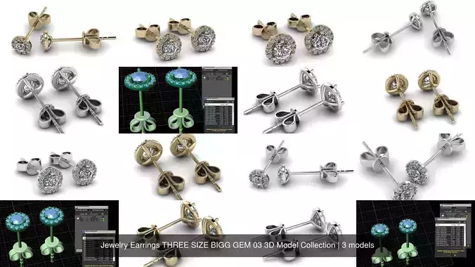 Jewelry Earrings THREE SIZE BIGG GEM 03 3D Model Collection 