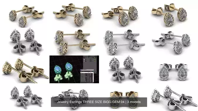 Jewelry Earrings THREE SIZE BIGG GEM 04 3D Model Collection