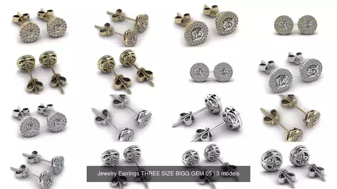 Jewelry Earrings THREE SIZE BIGG GEM 05 3D Model Collection