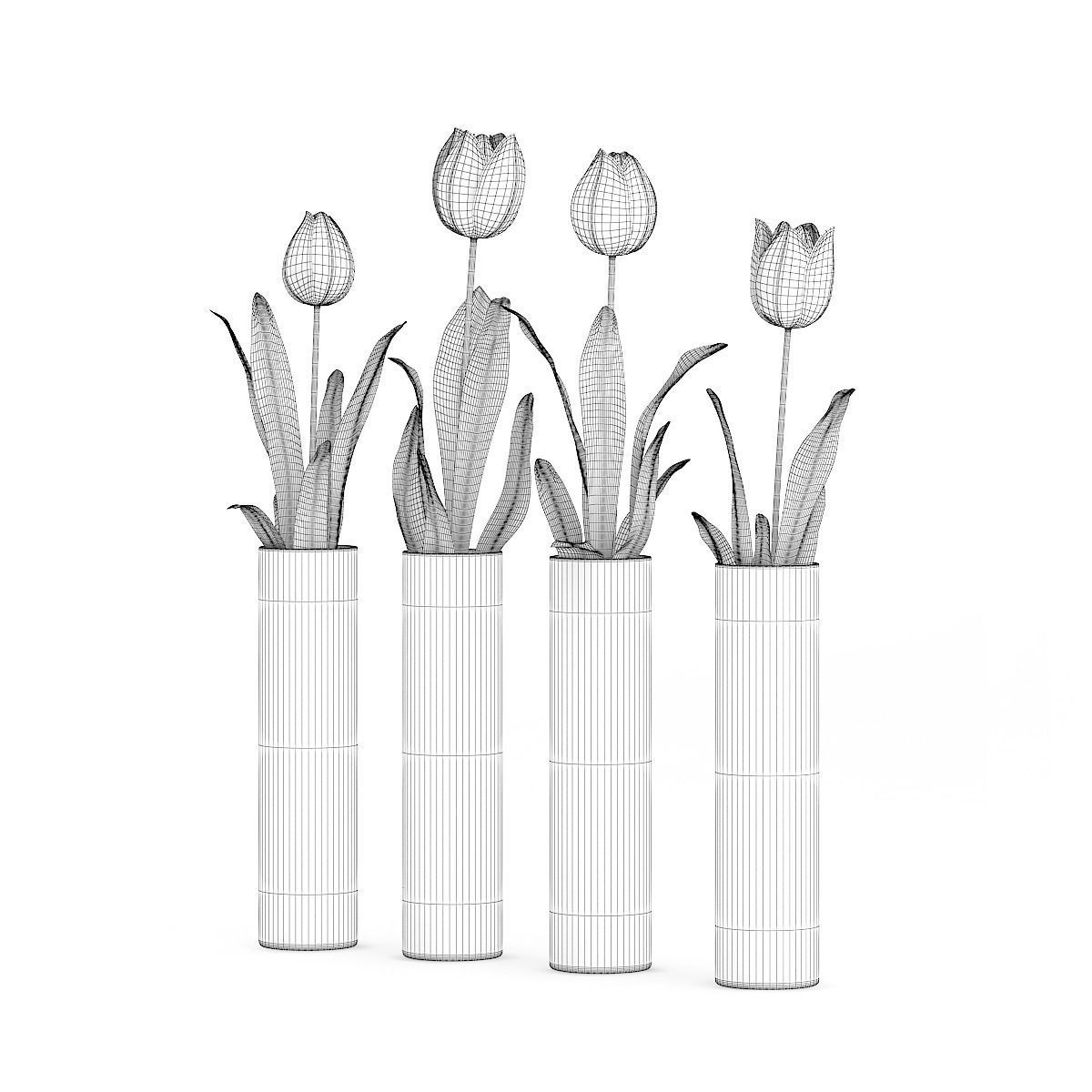 Four Tulips in Glasses 3D model_1