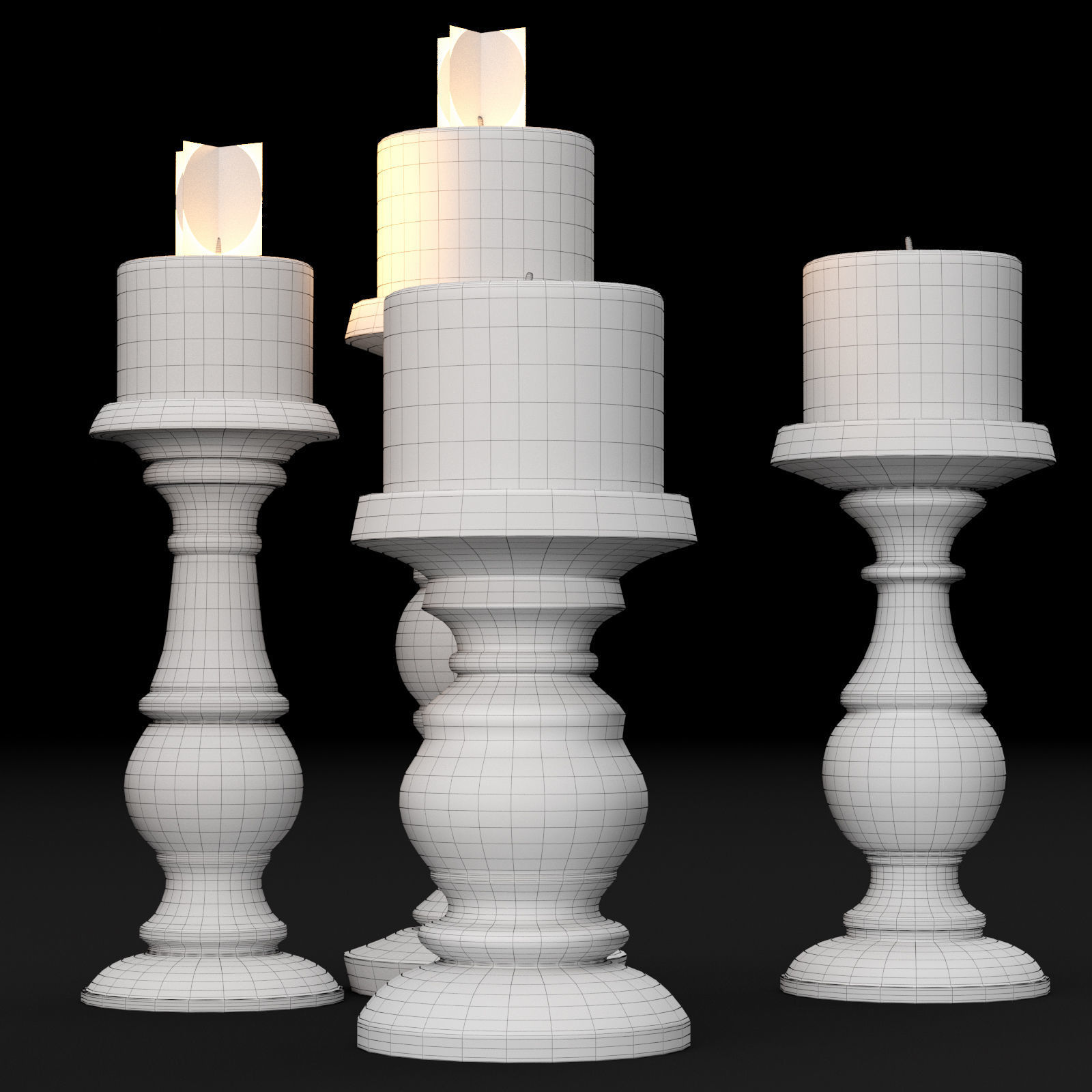 candlestick set 3 wooden candle holder 3D model_3