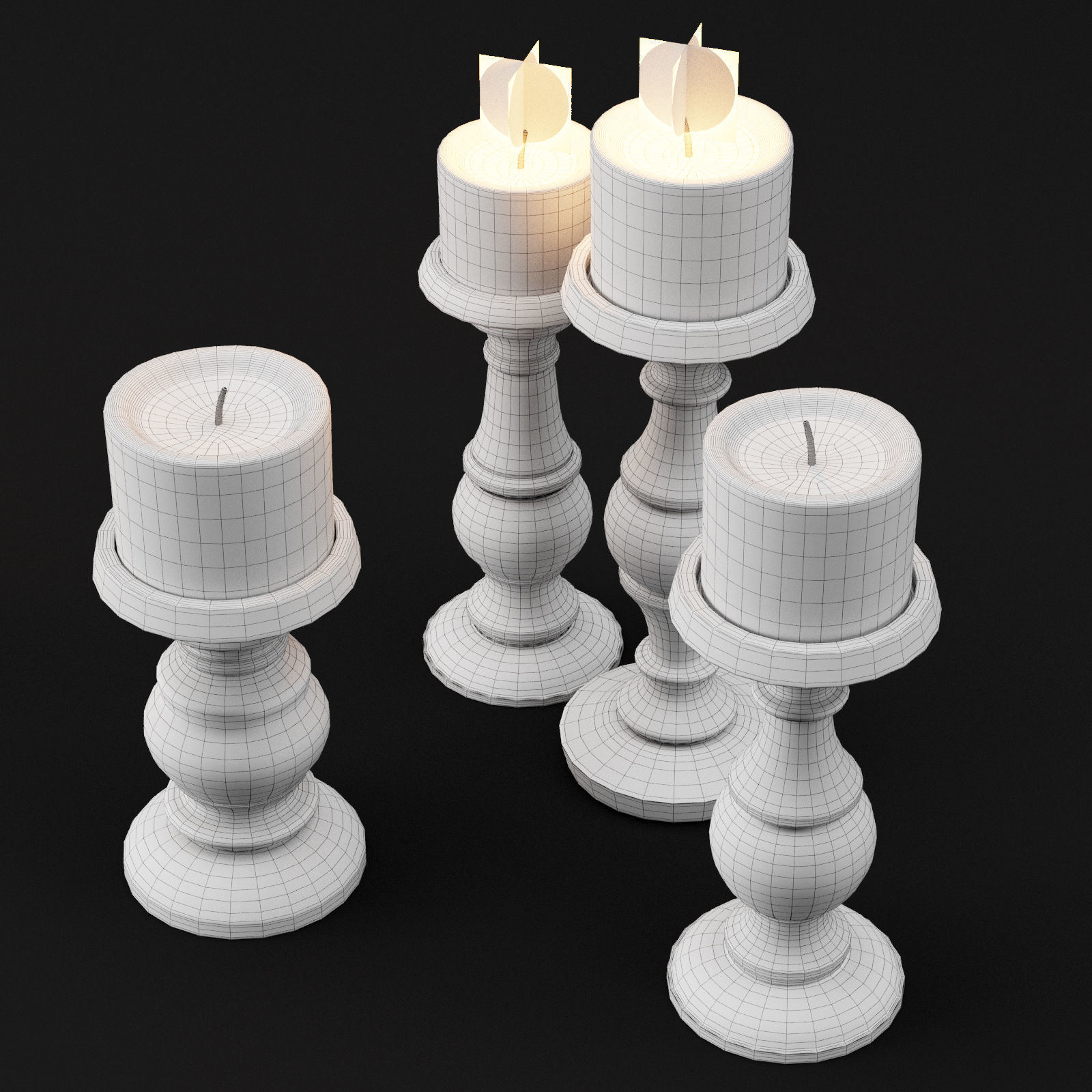 candlestick set 3 wooden candle holder 3D model_16
