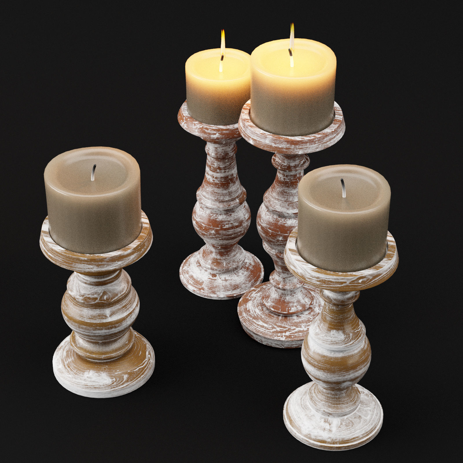 candlestick set 3 wooden candle holder 3D model_17