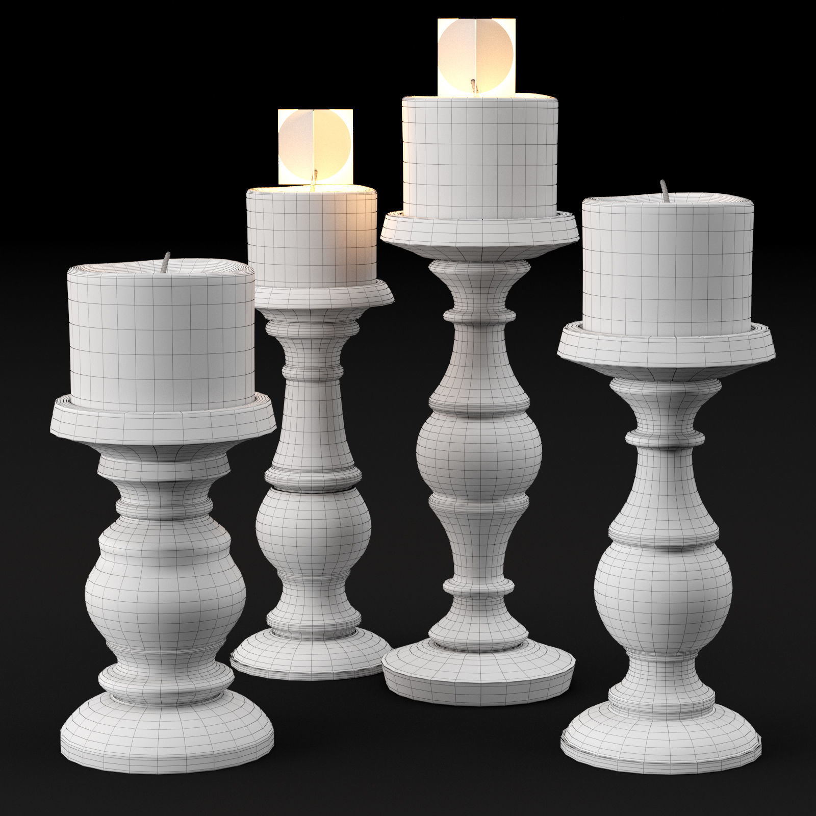 candlestick set 3 wooden candle holder 3D model_1