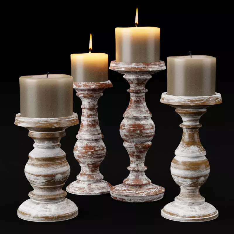 candlestick set 3 wooden candle holder 3D model_0