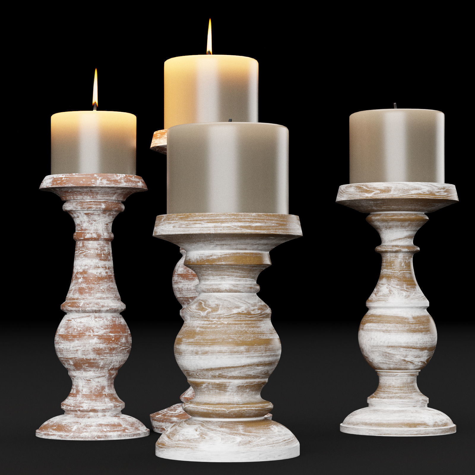 candlestick set 3 wooden candle holder 3D model_2