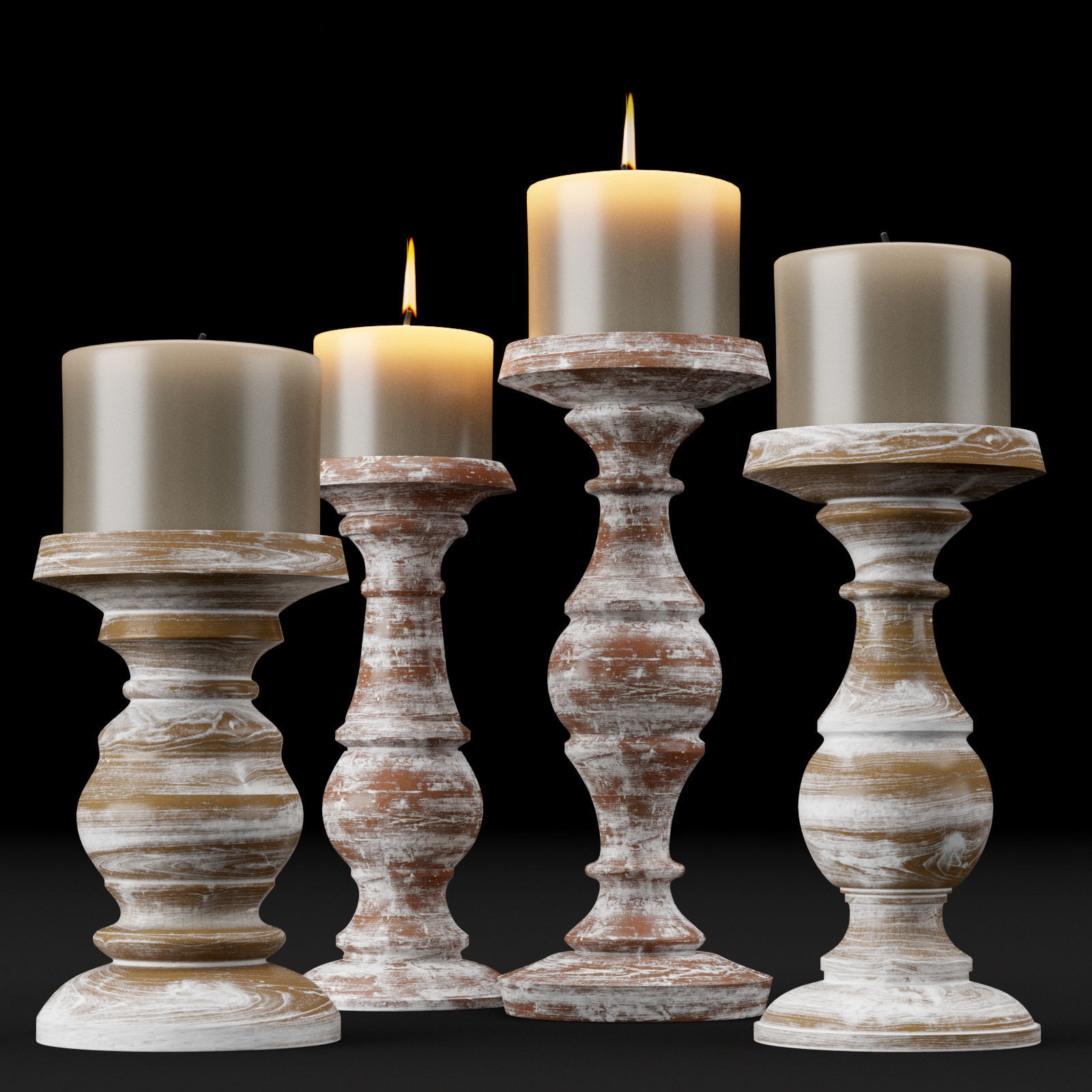 candlestick set 3 wooden candle holder 3D model_4
