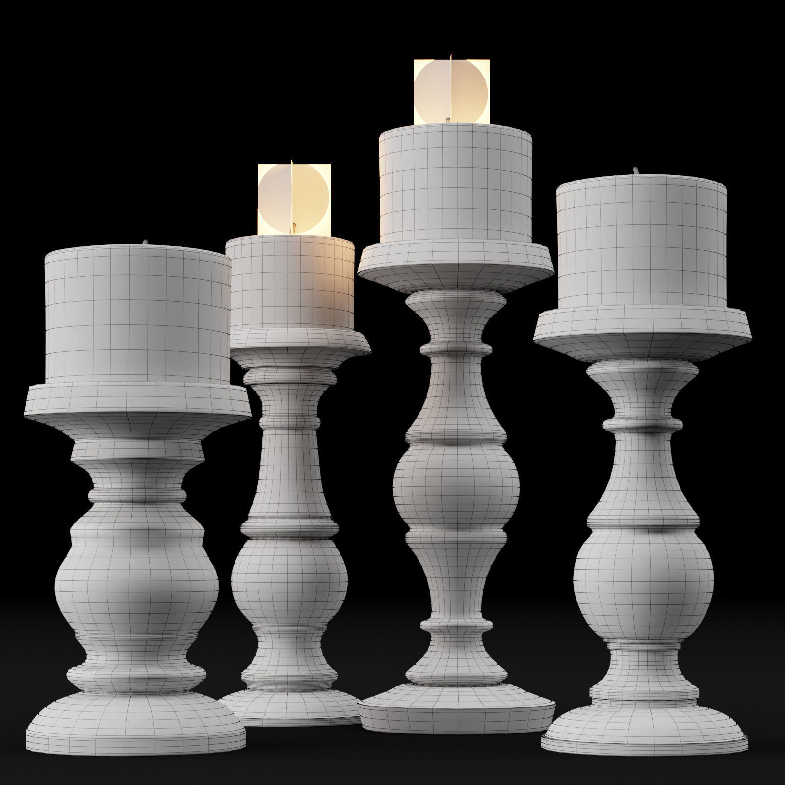 candlestick set 3 wooden candle holder 3D model_5