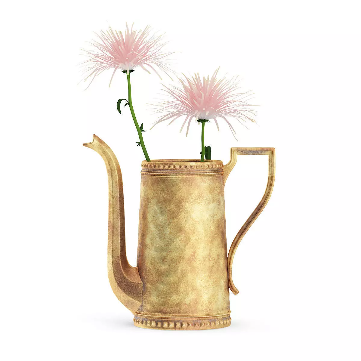 Pink Flowes in Golden Teapot 3D model_0