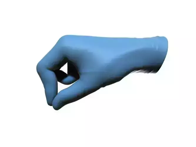 Gloved hand holding something with two fingers