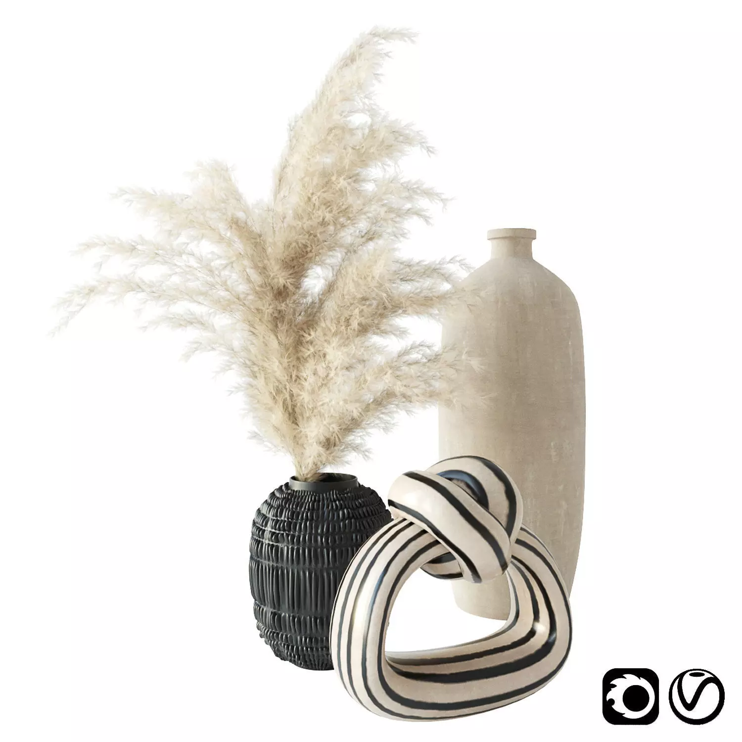 Minimalist set vases with dried grasses 3D model