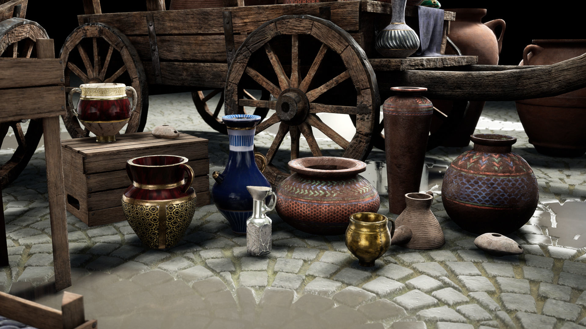 Fruit and Pottery Market Cart Pack containing Low-poly 3D model_1