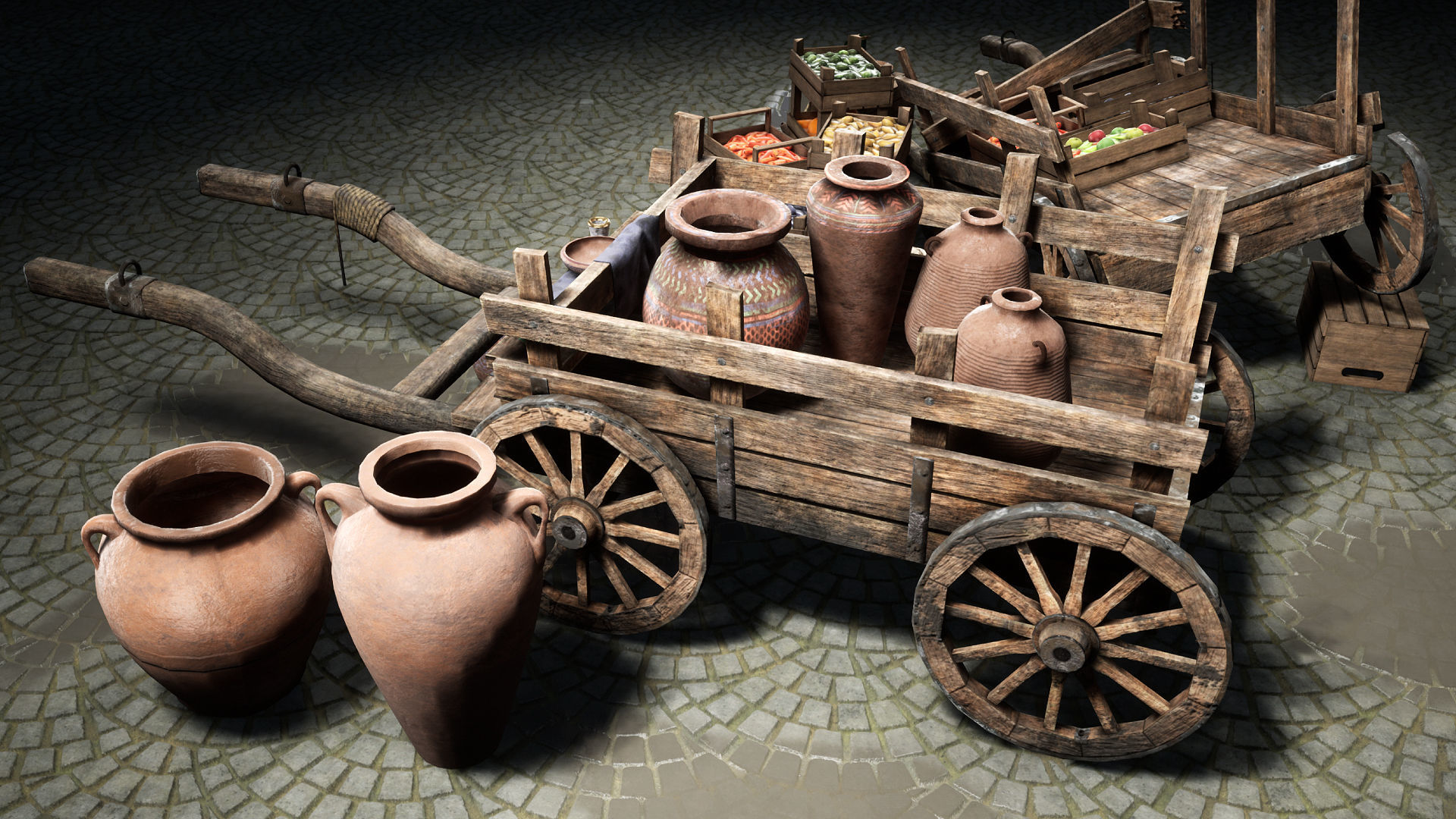 Fruit and Pottery Market Cart Pack containing Low-poly 3D model_6