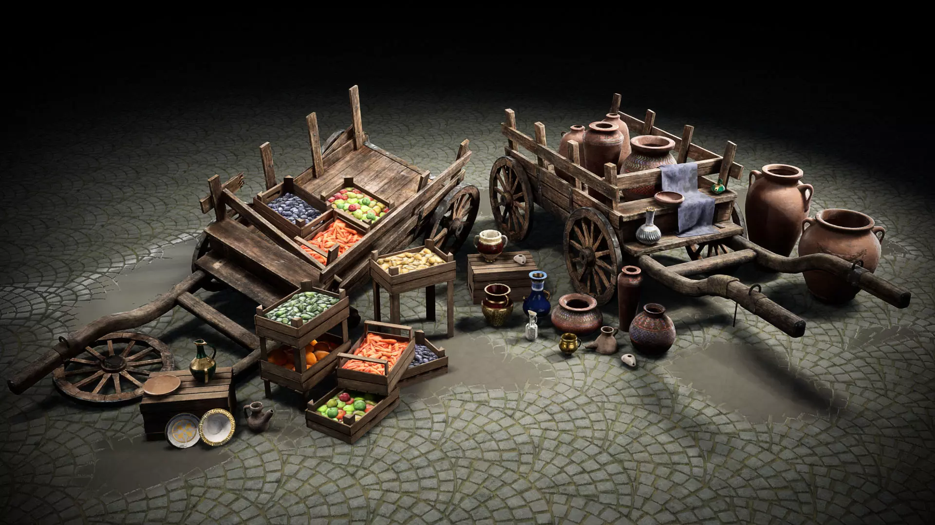 Fruit and Pottery Market Cart Pack containing Low-poly 3D model_0