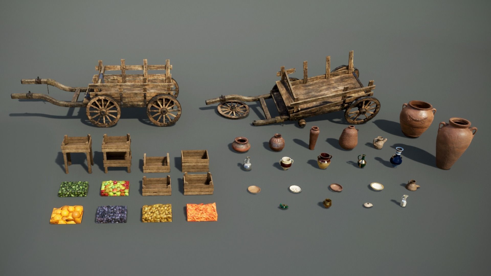 Fruit and Pottery Market Cart Pack containing Low-poly 3D model_7