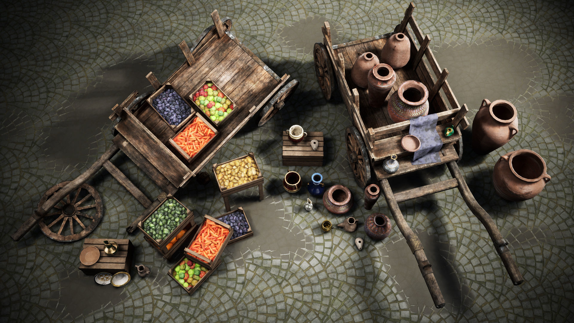 Fruit and Pottery Market Cart Pack containing Low-poly 3D model_5