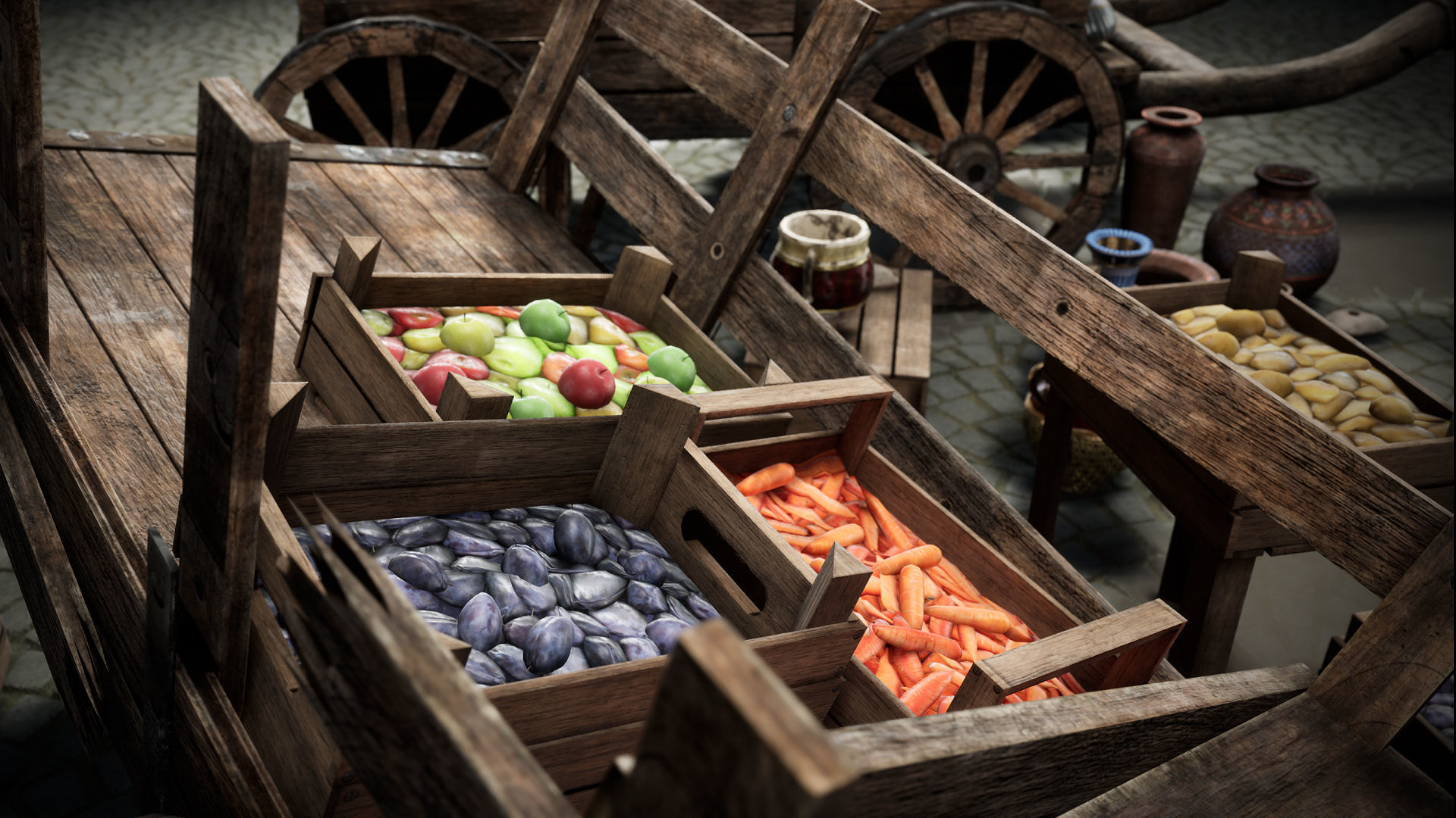 Fruit and Pottery Market Cart Pack containing Low-poly 3D model_3