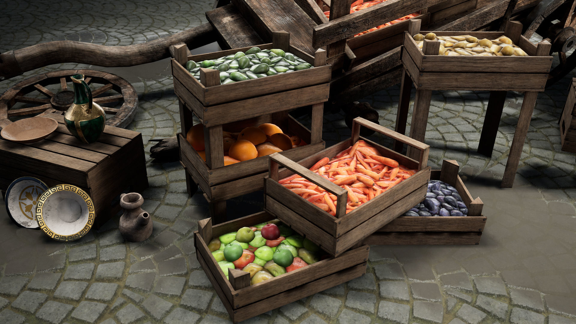 Fruit and Pottery Market Cart Pack containing Low-poly 3D model_4