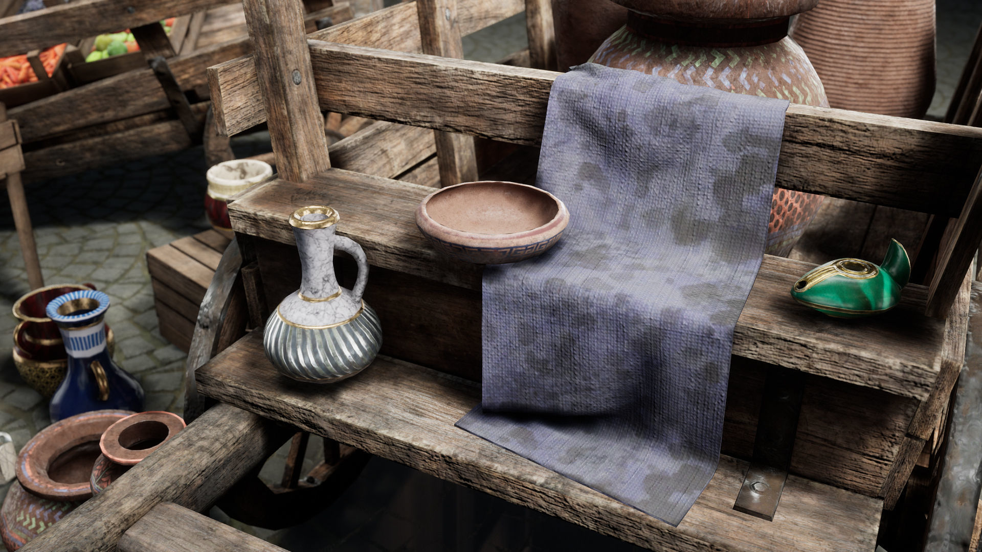 Fruit and Pottery Market Cart Pack containing Low-poly 3D model_2