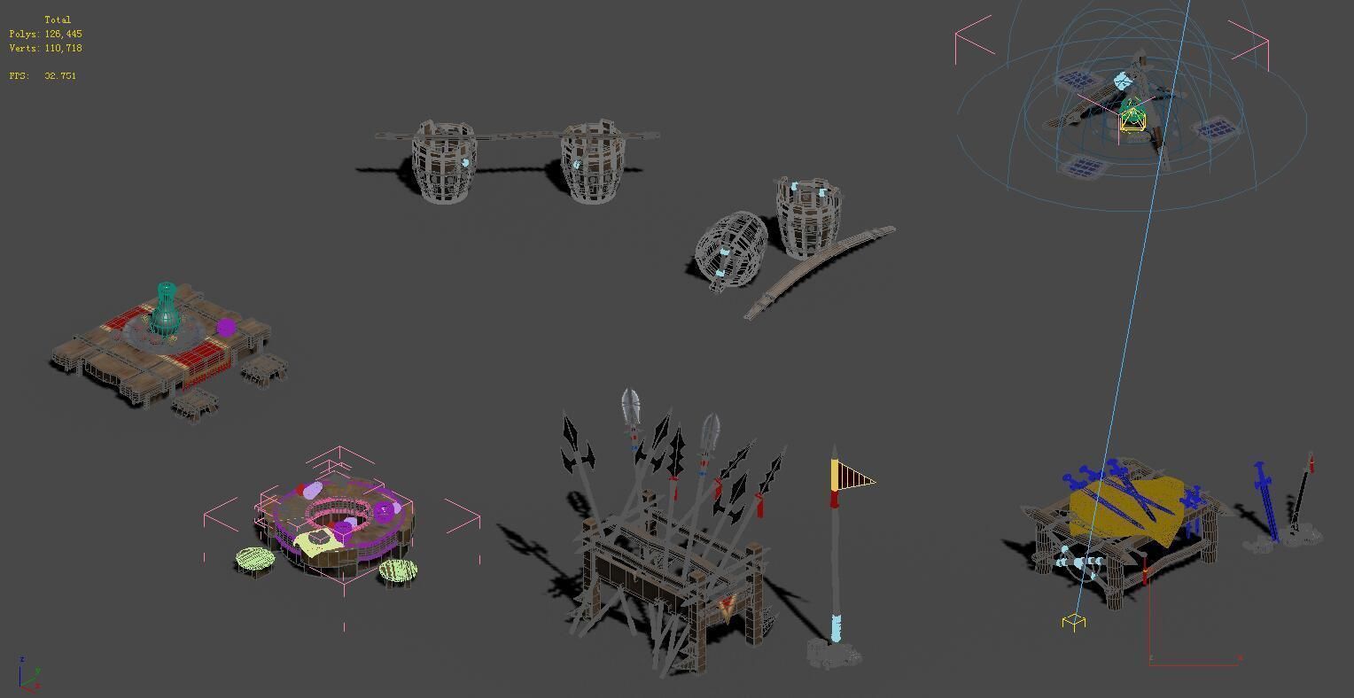 Bonfire - weapon rack - wooden barrels - tables and chairs 3D model_2