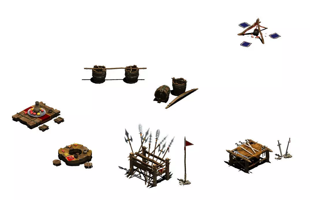 Bonfire - weapon rack - wooden barrels - tables and chairs 3D model_0
