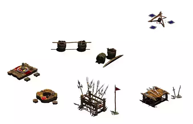 Bonfire - weapon rack - wooden barrels - tables and chairs 3D model
