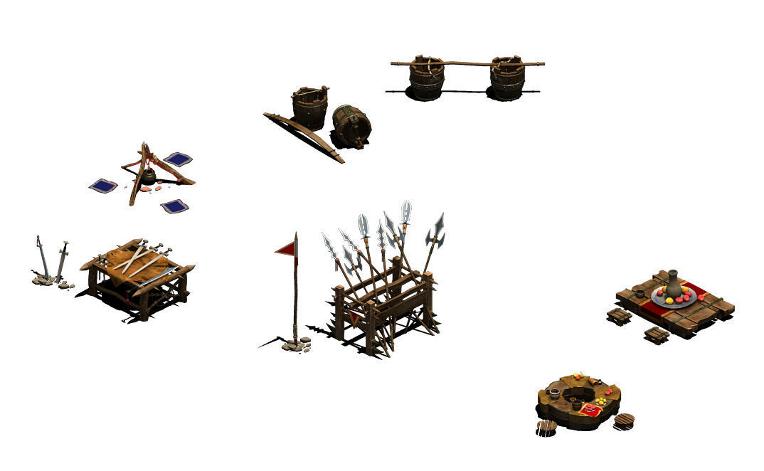 Bonfire - weapon rack - wooden barrels - tables and chairs 3D model_3