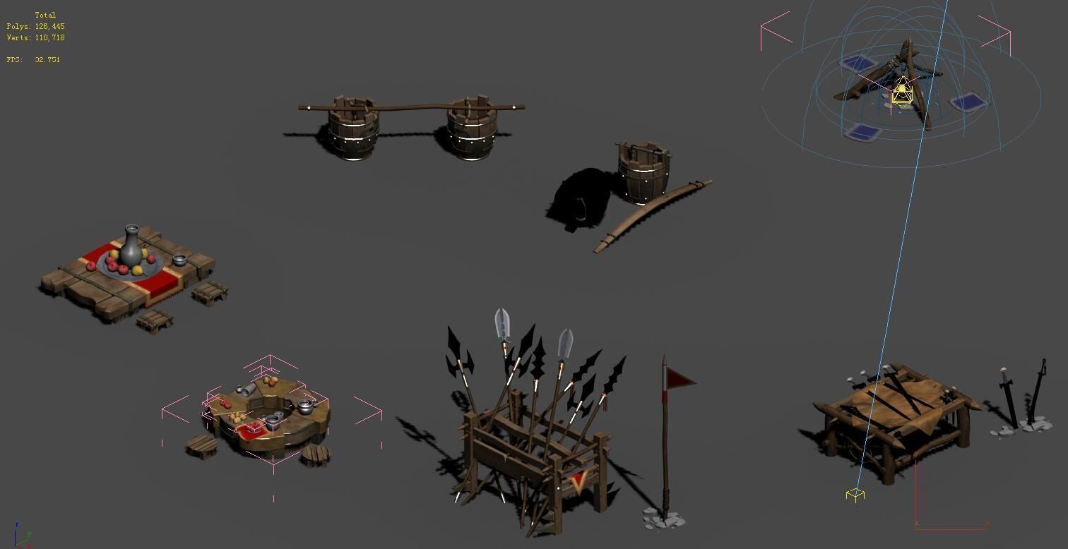 Bonfire - weapon rack - wooden barrels - tables and chairs 3D model_1