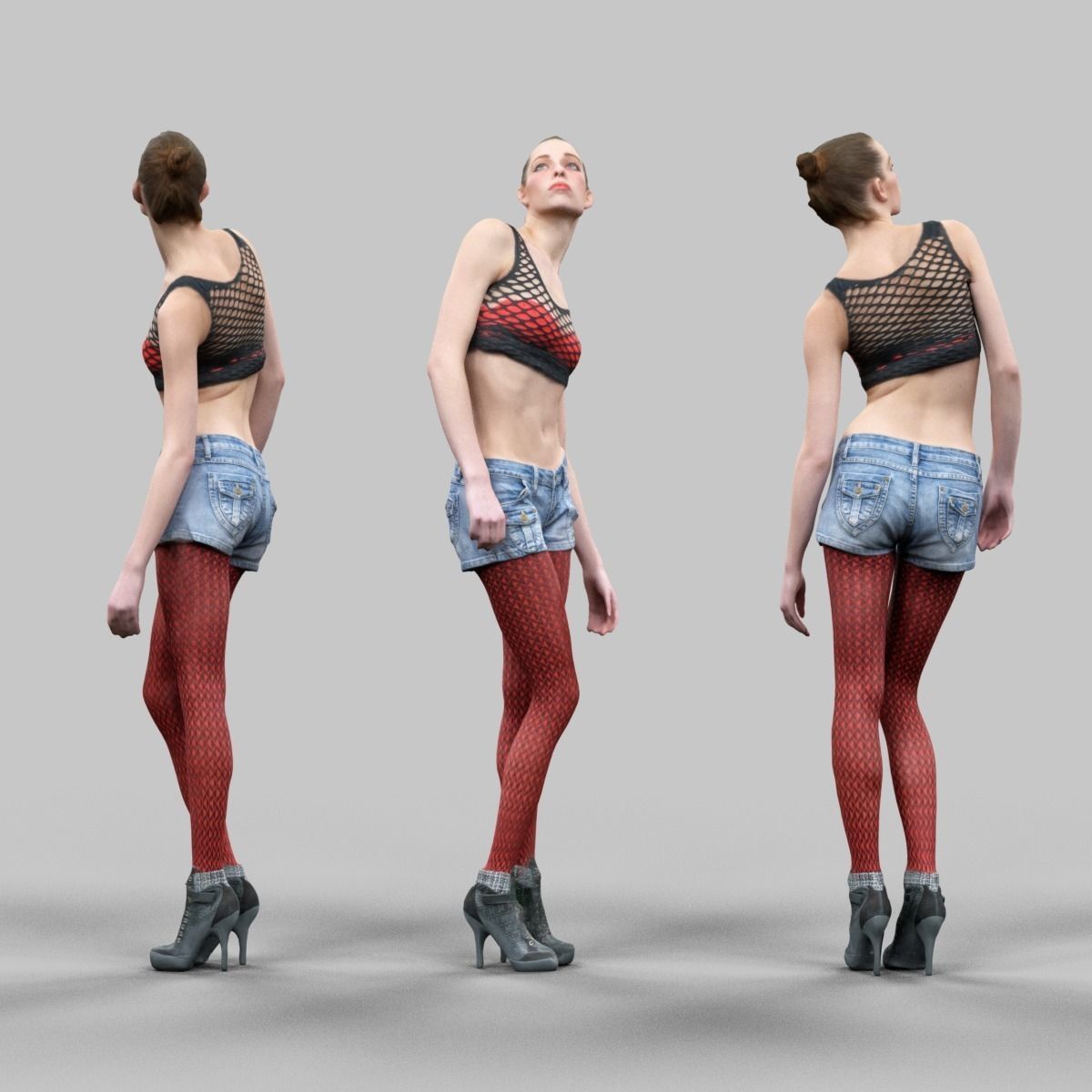 Girl in red panty and top looking up Low-poly 3D model_0