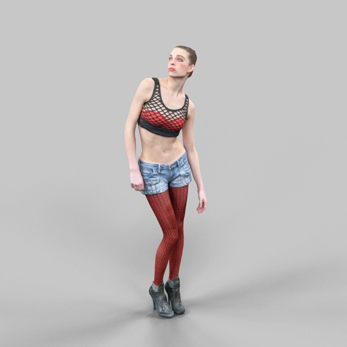 Girl in red panty and top looking up Low-poly 3D model_1