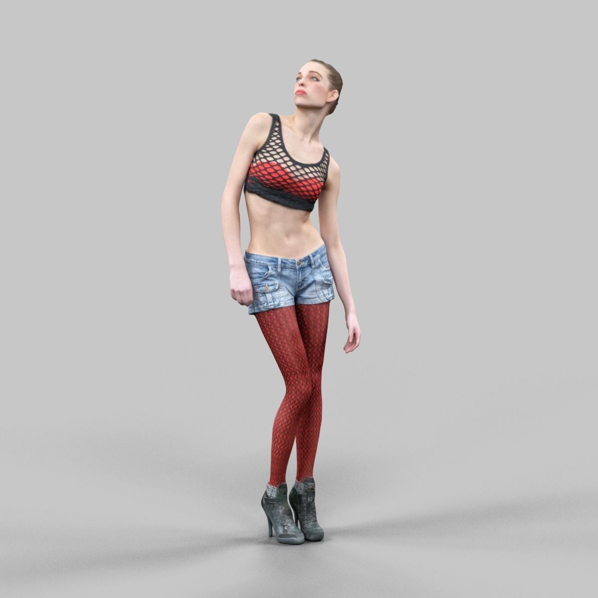 Girl in red panty and top looking up Low-poly 3D model_4
