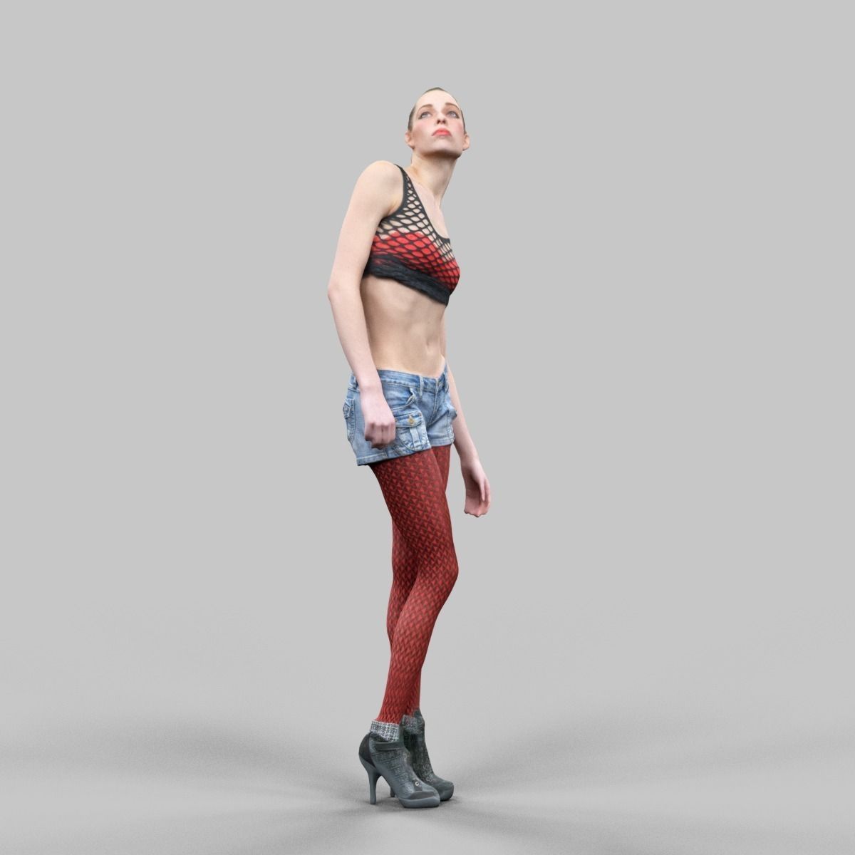 Girl in red panty and top looking up Low-poly 3D model_3