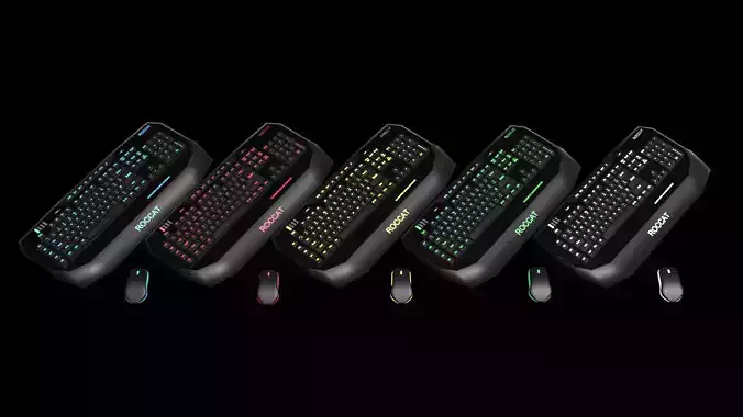 Roccat illuminated keyboard and mouse with 3 monitor display 3D model