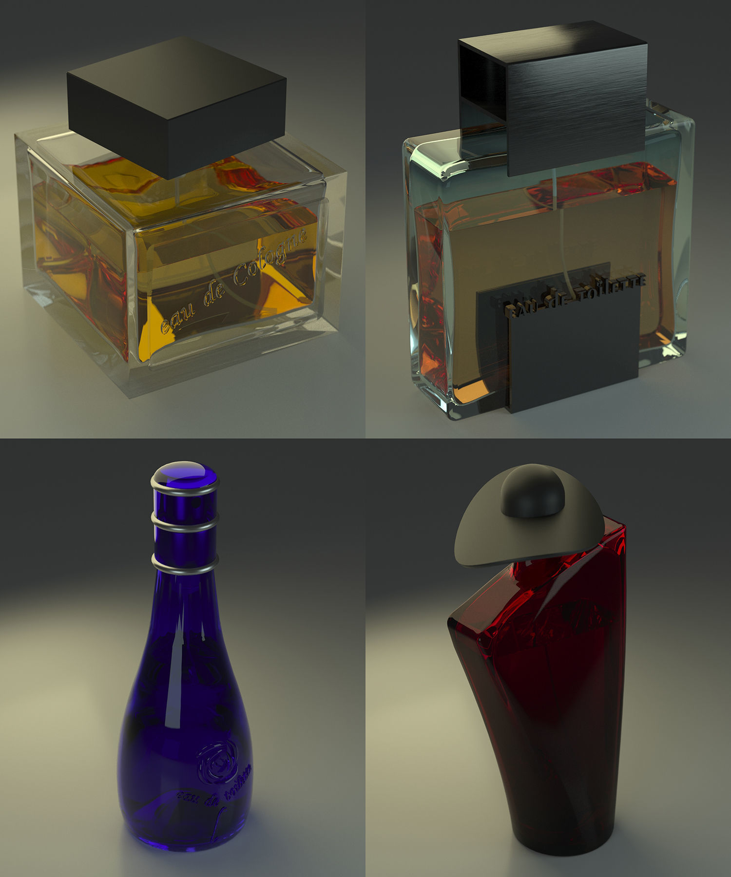 4 parfume bottles 3D model