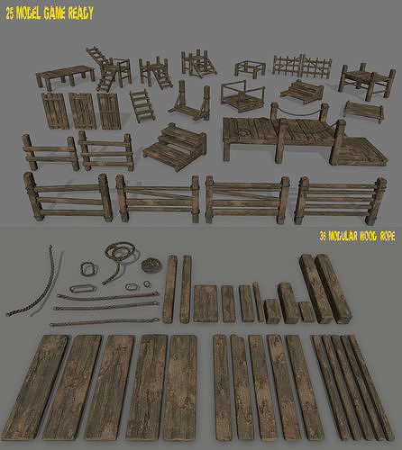 wood and rope Low-poly 3D model