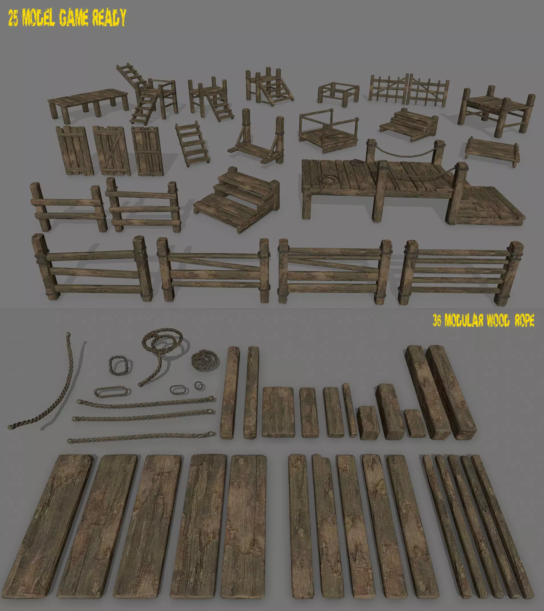 wood and rope Low-poly 3D model_0