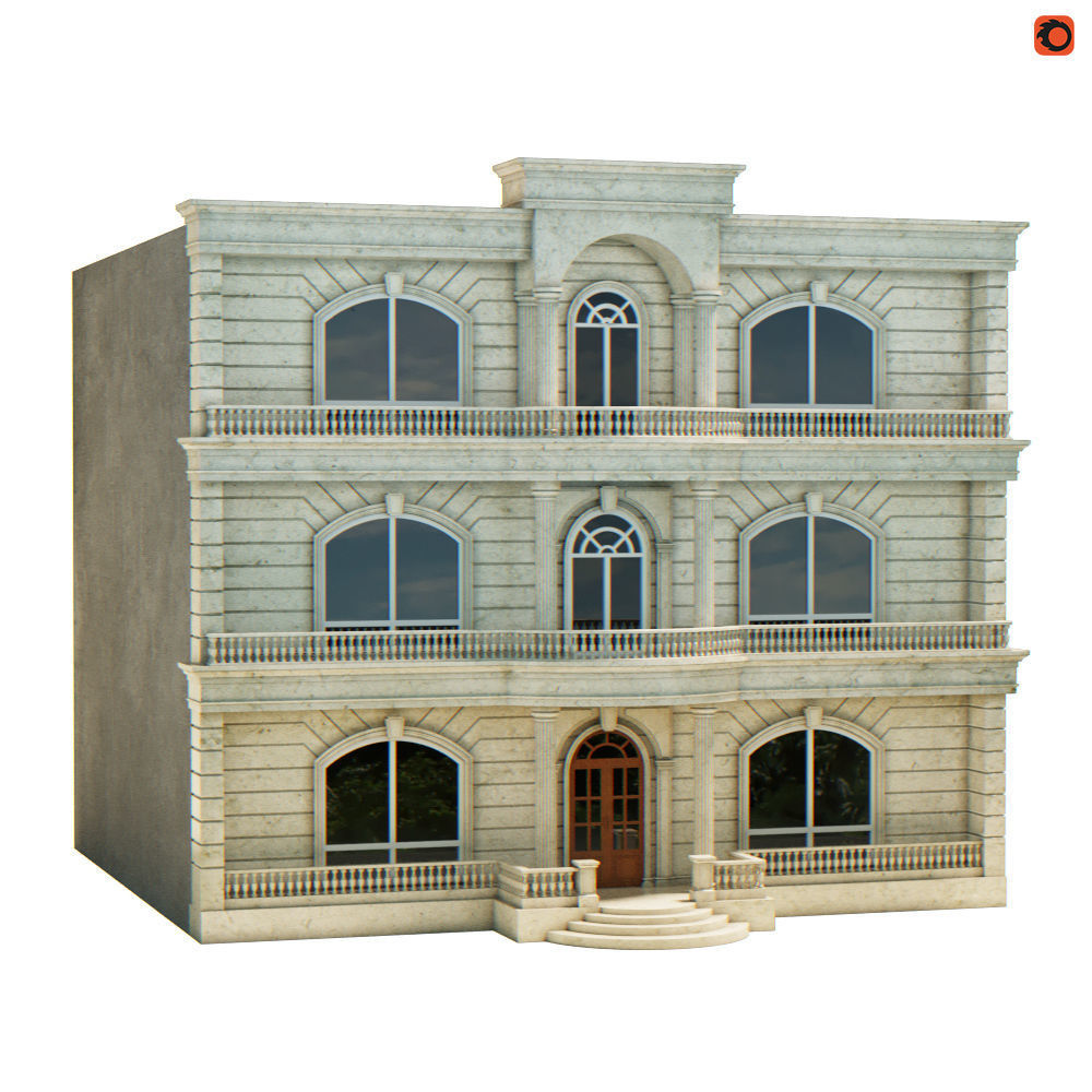Mansion building with windows and balconies 3D model_1