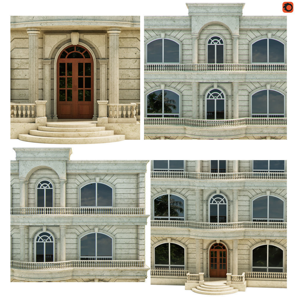 Mansion building with windows and balconies 3D model_2