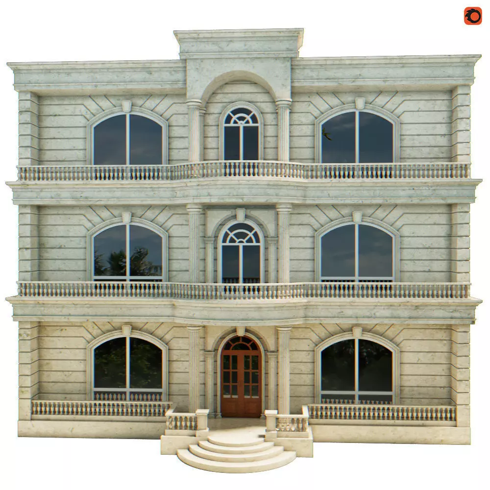 Mansion building with windows and balconies 3D model_0