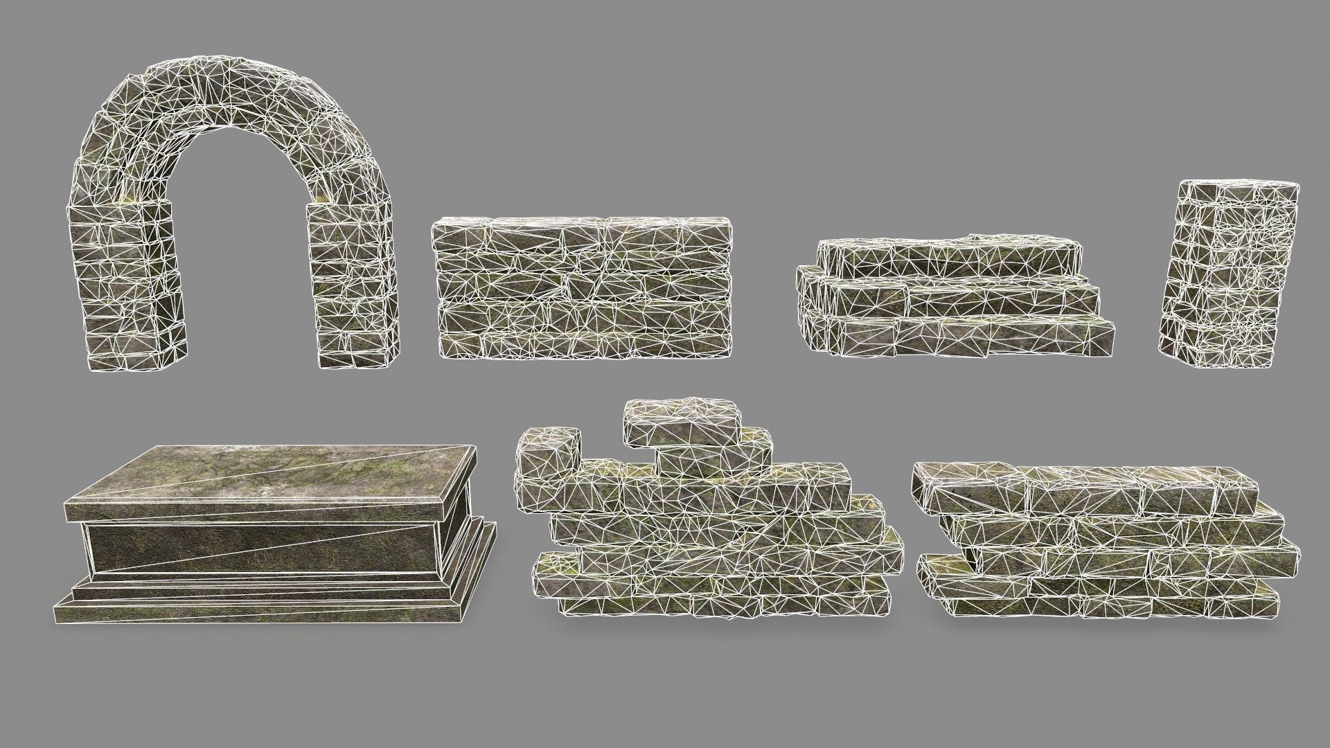 Stone Set wall with arch Low-poly 3D model_2