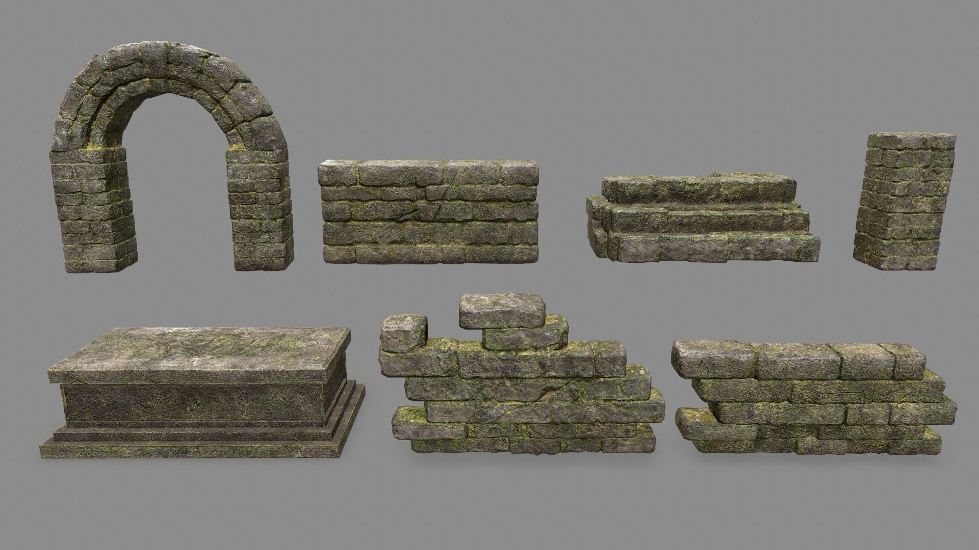 Stone Set wall with arch Low-poly 3D model_1