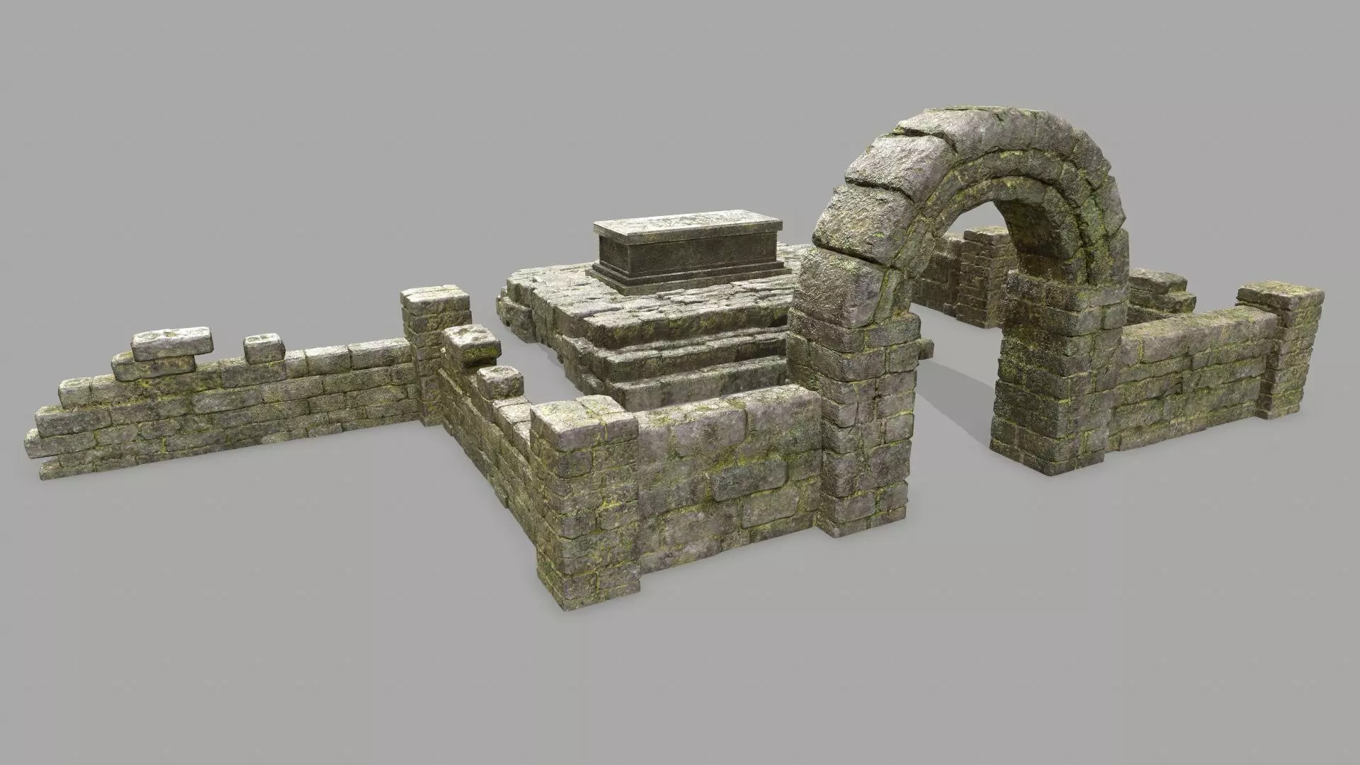 Stone Set wall with arch Low-poly 3D model_0