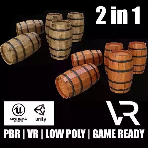 Barrel Game Ready PBR group of wooden barrels Low-poly 3D model