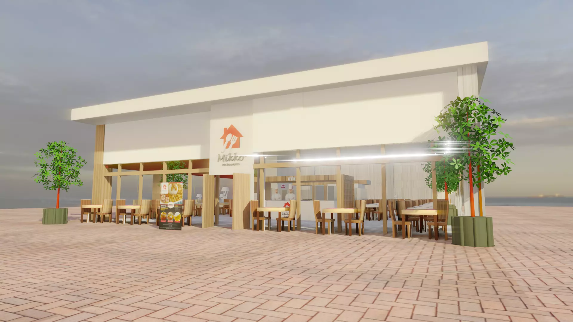 Restaurant low poly with outdoor tables and chairs Low-poly 3D model_0