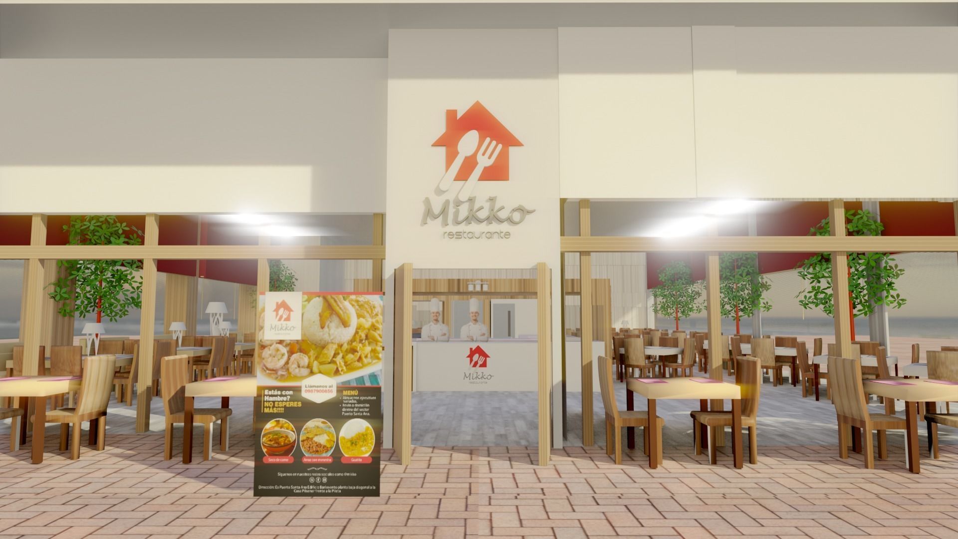 Restaurant low poly with outdoor tables and chairs Low-poly 3D model_2