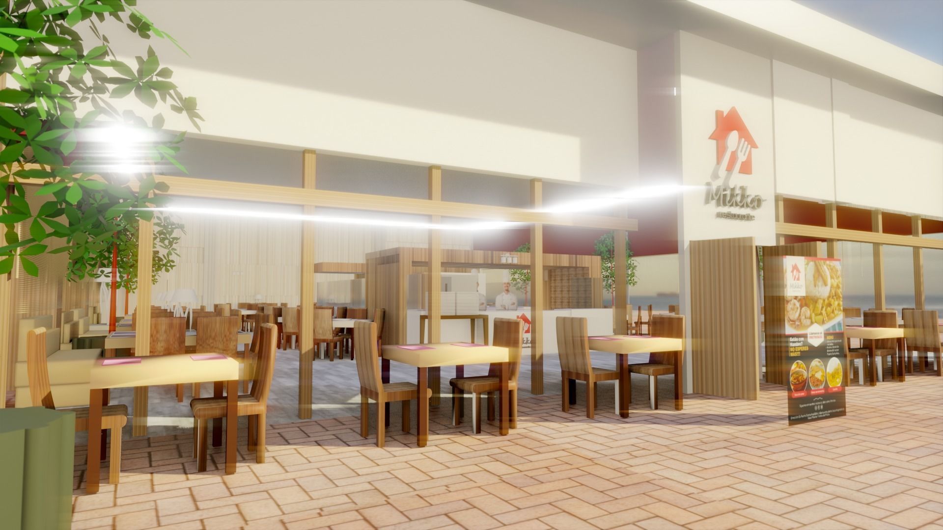Restaurant low poly with outdoor tables and chairs Low-poly 3D model_1