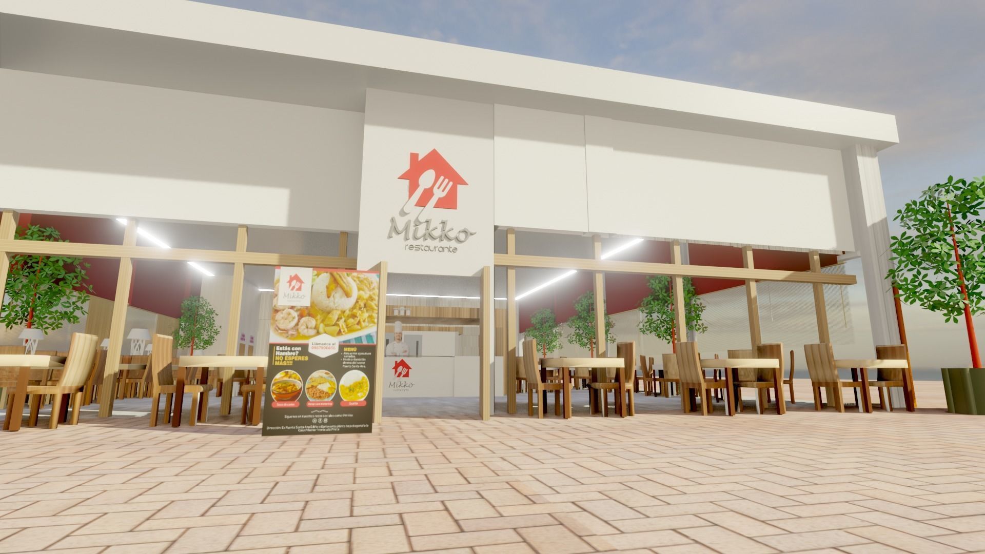 Restaurant low poly with outdoor tables and chairs Low-poly 3D model_10
