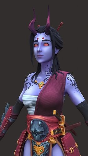 Oni-girl samurai woman with hair and eyes Low-poly 3D model